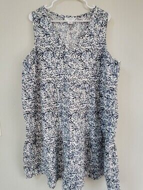 Lucky Brand Blue Floral Linen Tiered Tunic Women Size 1X Mini Dress Western Boho